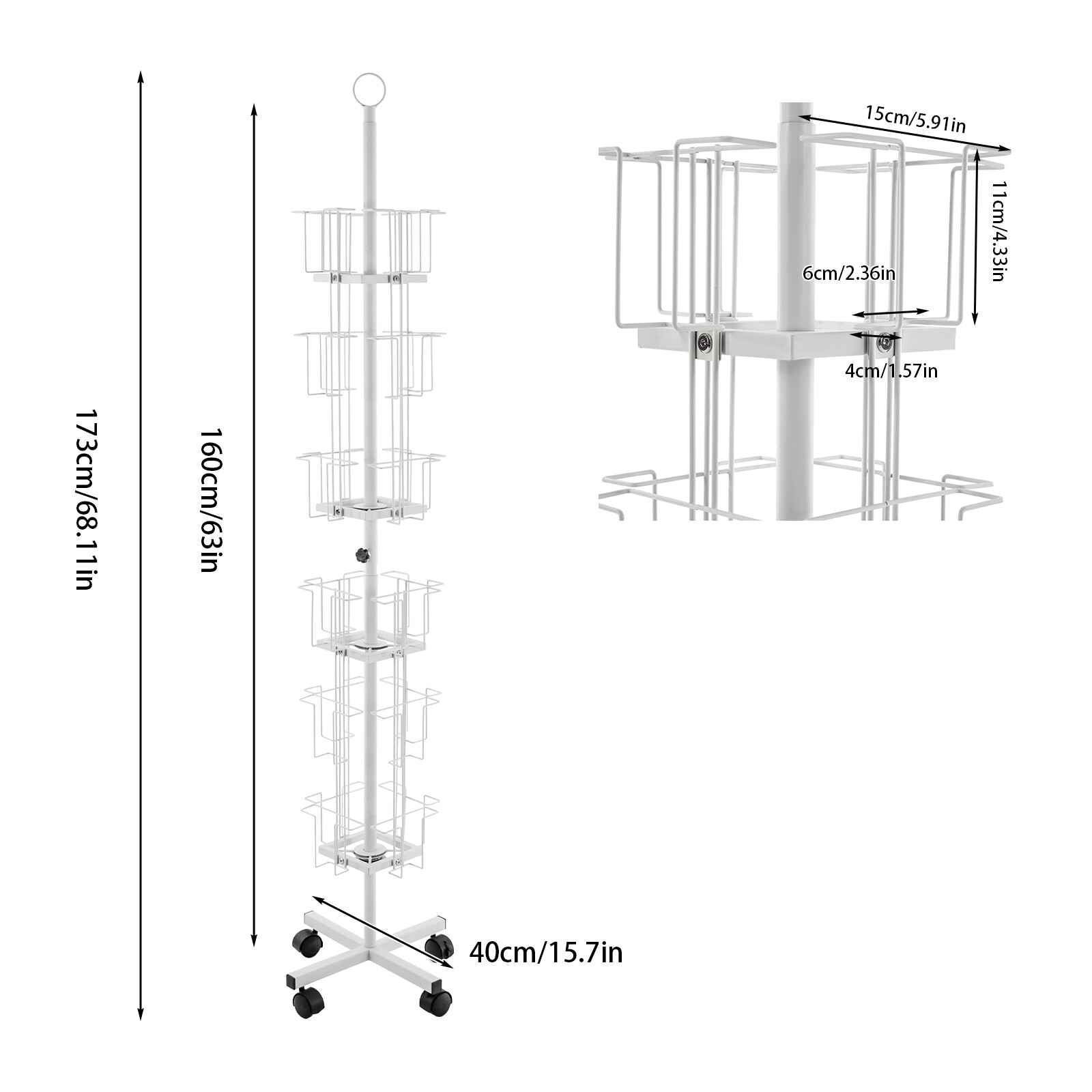 6-tier 32-pocket Rotating Greeting Card Iron Rack Postcard Stand With 4 Wheels