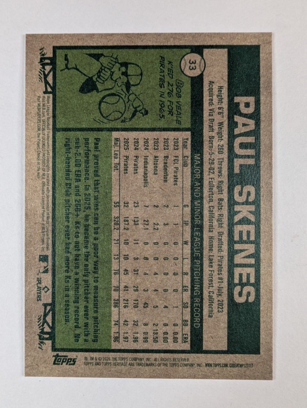 2026 Topps Heritage Paul Skenes #33 Pirates