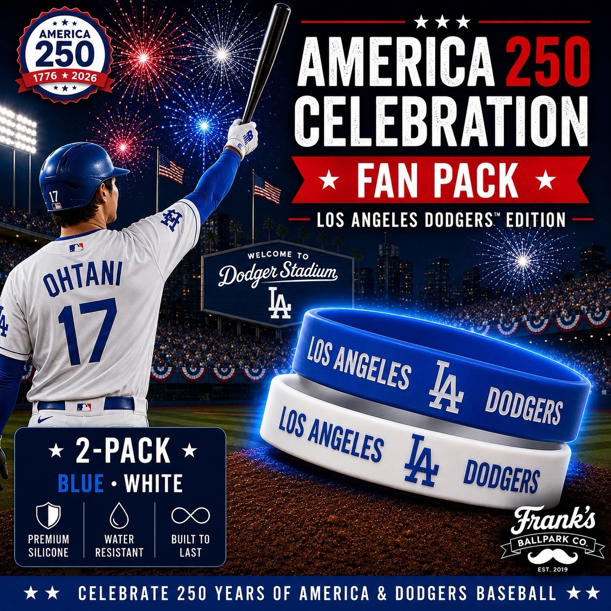 Los Angeles Dodgers America 250 Fan Pack Silicone Wristbands 2-Pack New In Bag