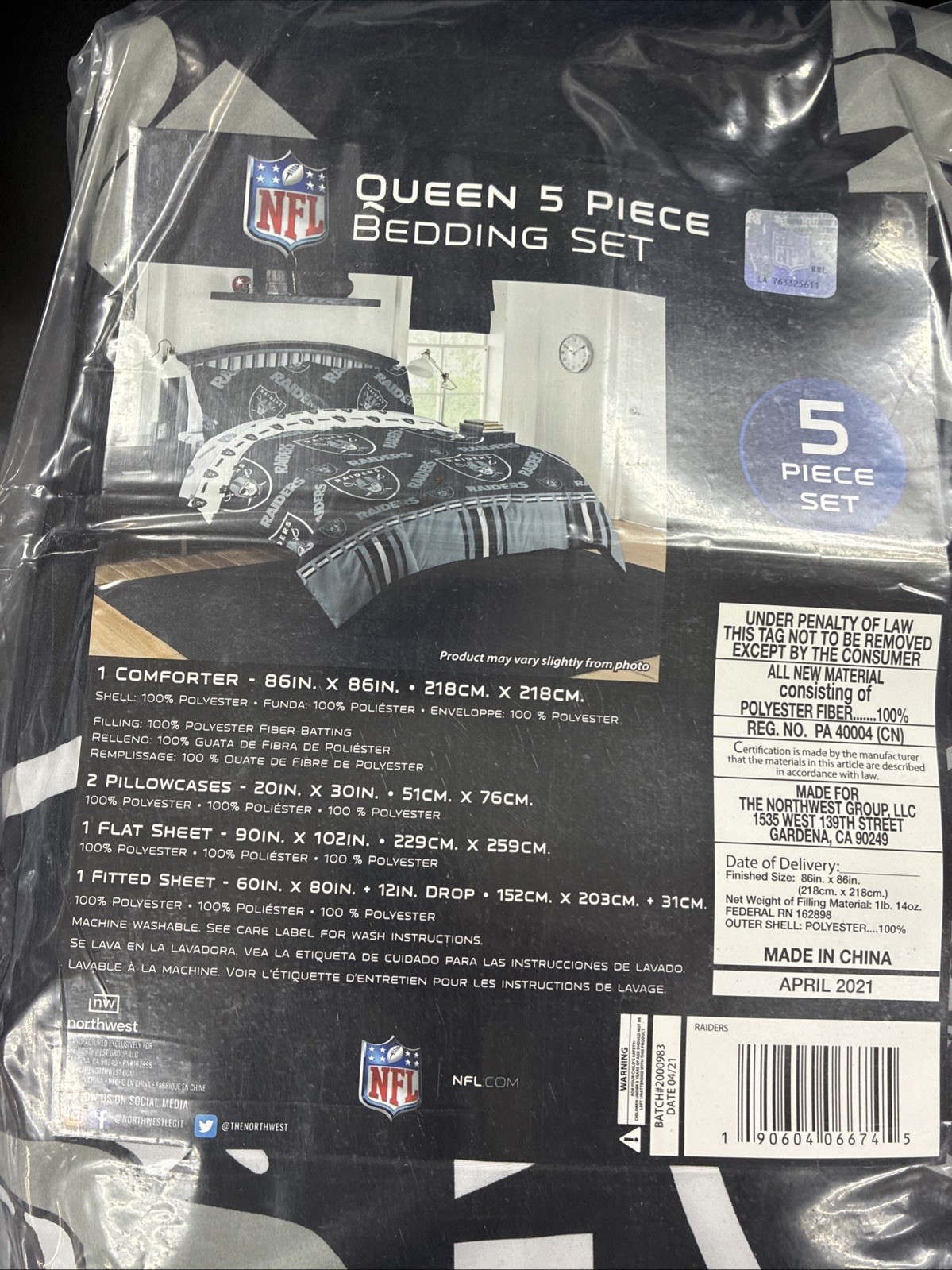 NEW NORTHWEST NFL LAS VEGAS RAIDERS QUEEN COMFORTER SET 5 PCS W/ SHEETS BEDDING
