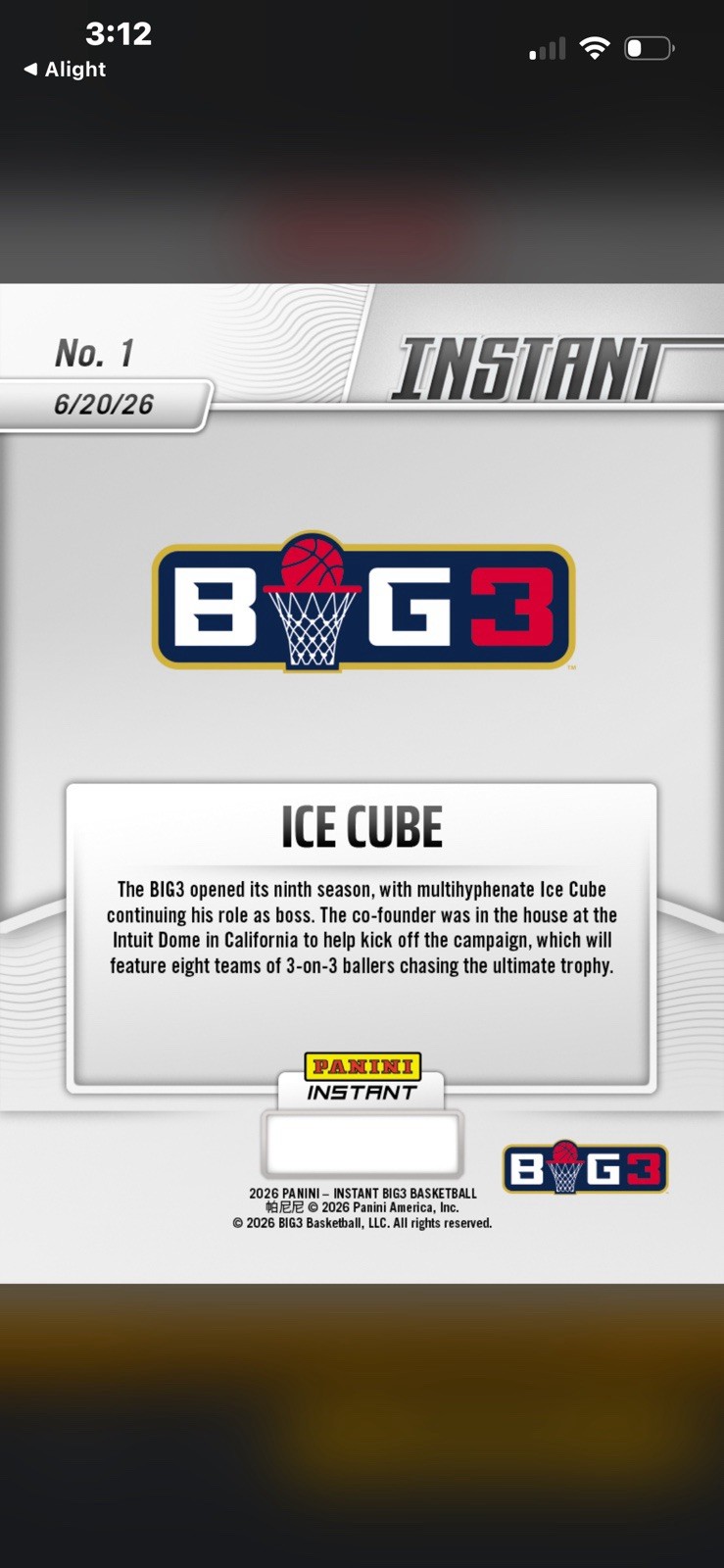 Ice Cube 2026 Panini Instant BIG3 #1 Tips off 9th Season Presale