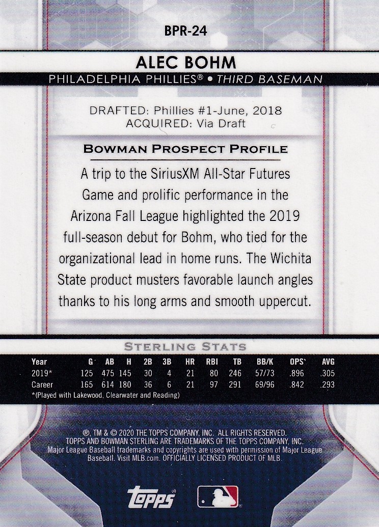 2020 Bowman Sterling – Prospects Alec Bohm #BPR-24 Blue Refractor /25 (RC)