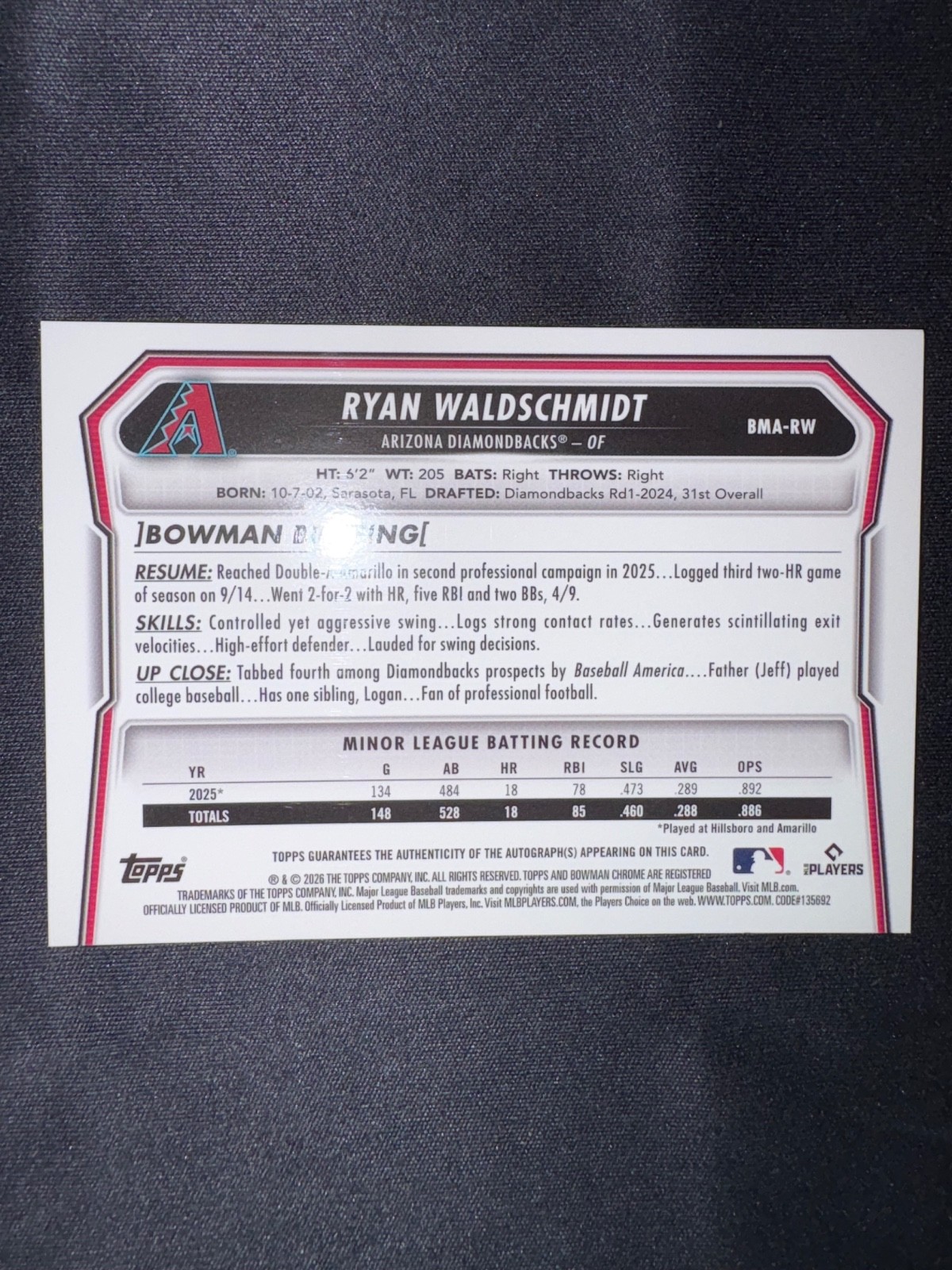 2026 Bowman Chrome Ryan Waldschmidt Auto Mojo Refractor #BMA-RW Diamondbacks