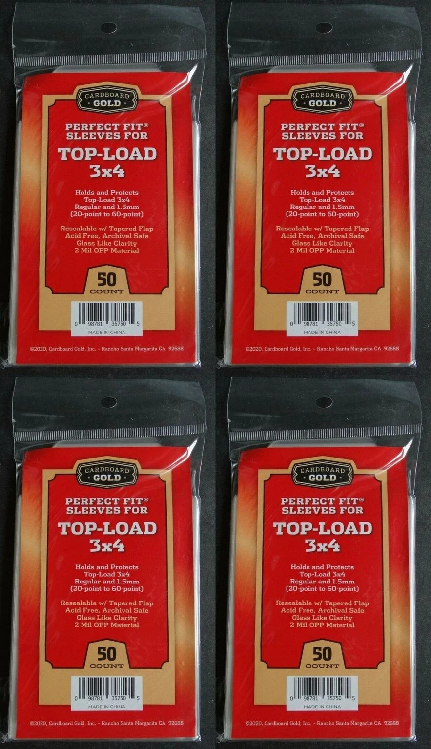 200 Cardboard Gold Perfect Fit Sleeves for Top-Load 3×4 from 20-60 Pt Bag
