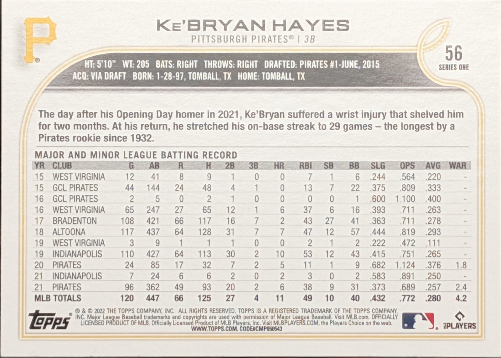 2022 Topps #56 Ke’Bryan Hayes Pittsburgh Pirates FS BASE: Batting