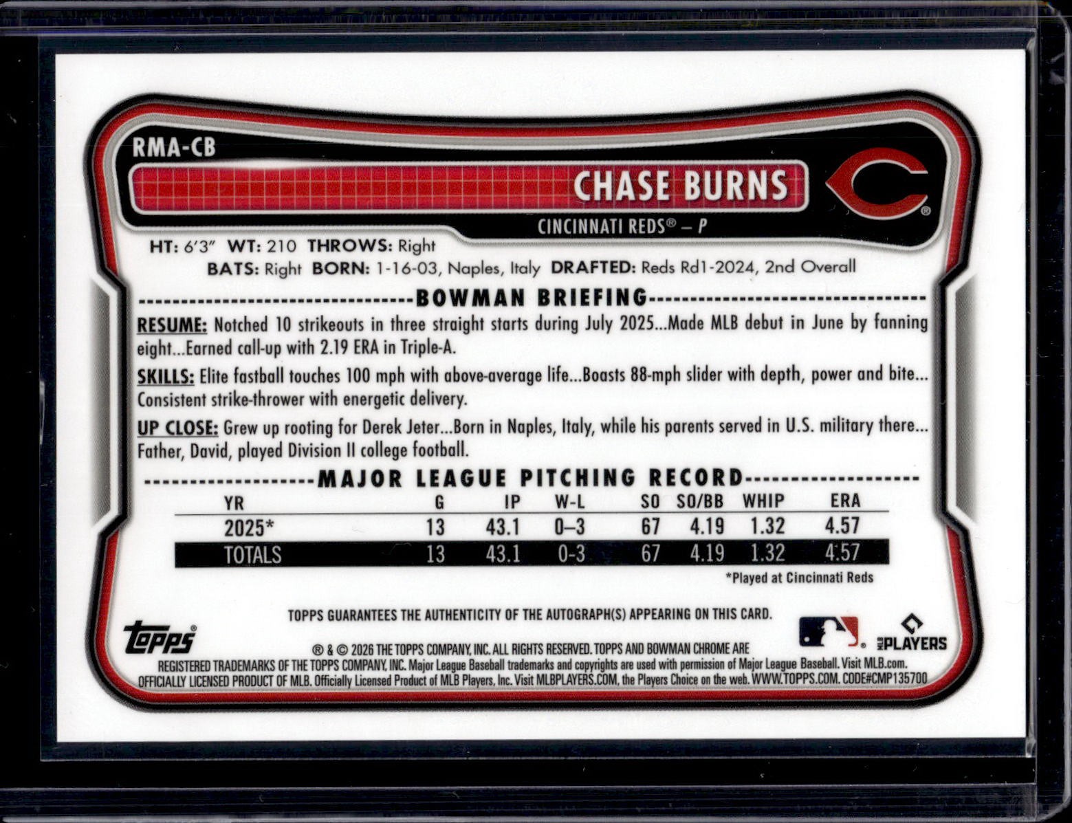 2026 Bowman Mega Chase Burns Black White Mojo Auto /15 RC Reds RMA-CB