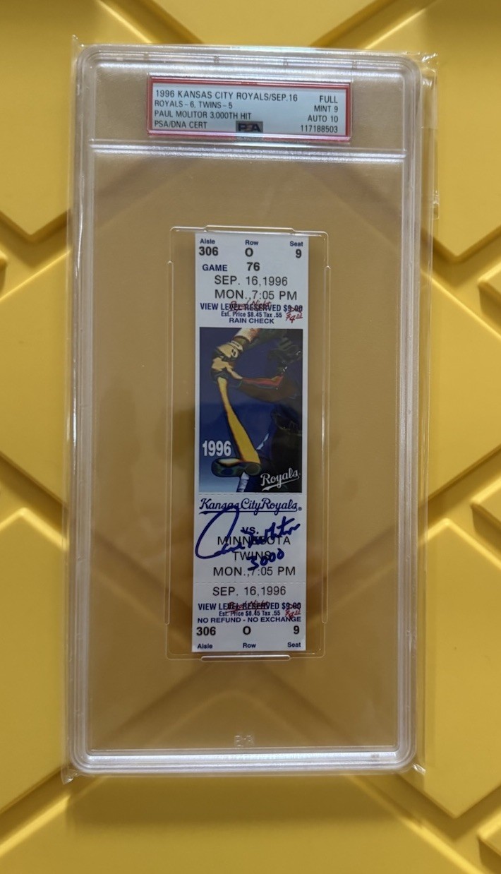 PAUL MOLITOR Signed 3000 Hit FULL Ticket 1996 PSA 9 MINT, Auto 10 GEM MINT, RARE
