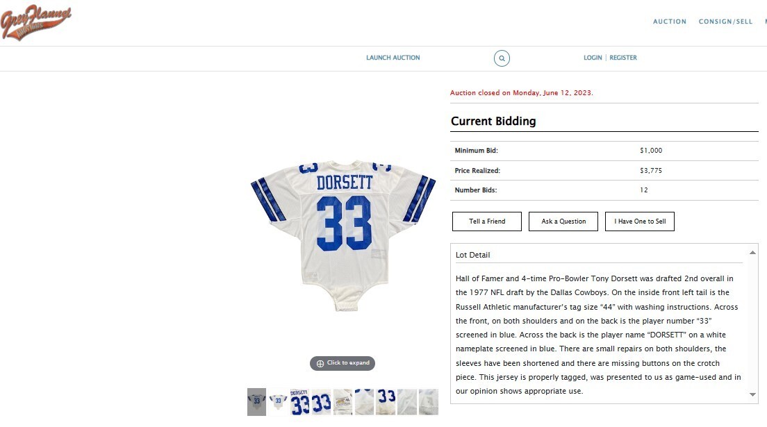 Tony Dorsett Televised Game Worn Jersey 8/17/85 w/Crotch Flap Grey Flannel COA