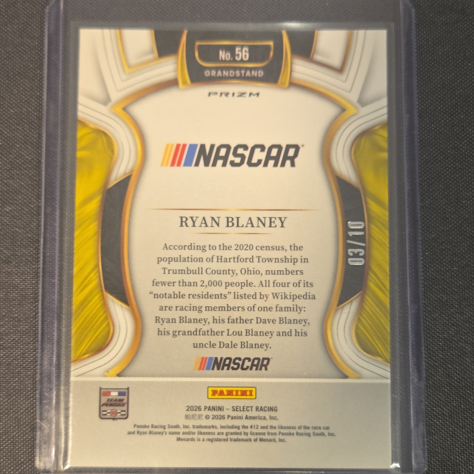 Panini 2026 Select Ryan Blaney Grandstand Gold Prizm Team Penske #56