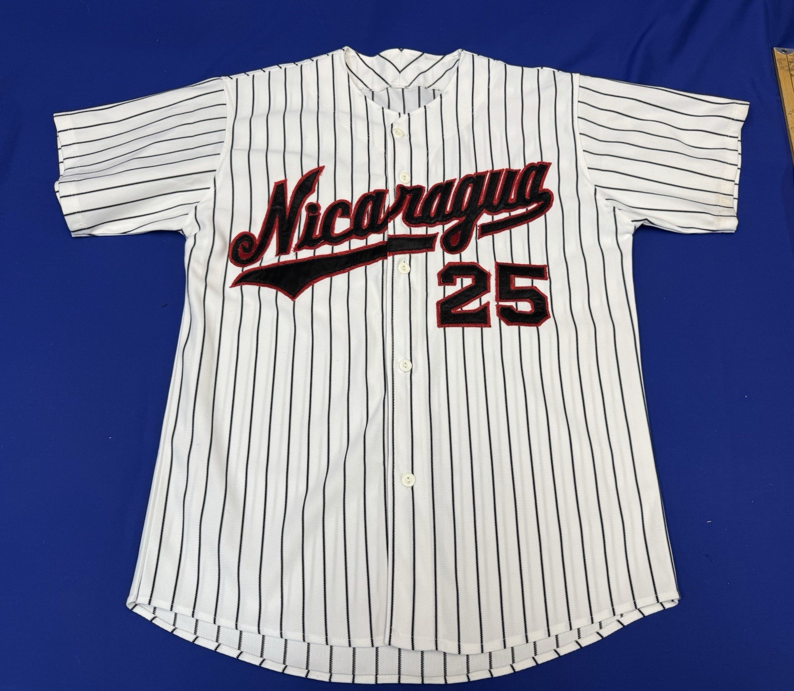 Nicaragua Baseball Jersey #25 Pinstripe White Black Red Men’s Large