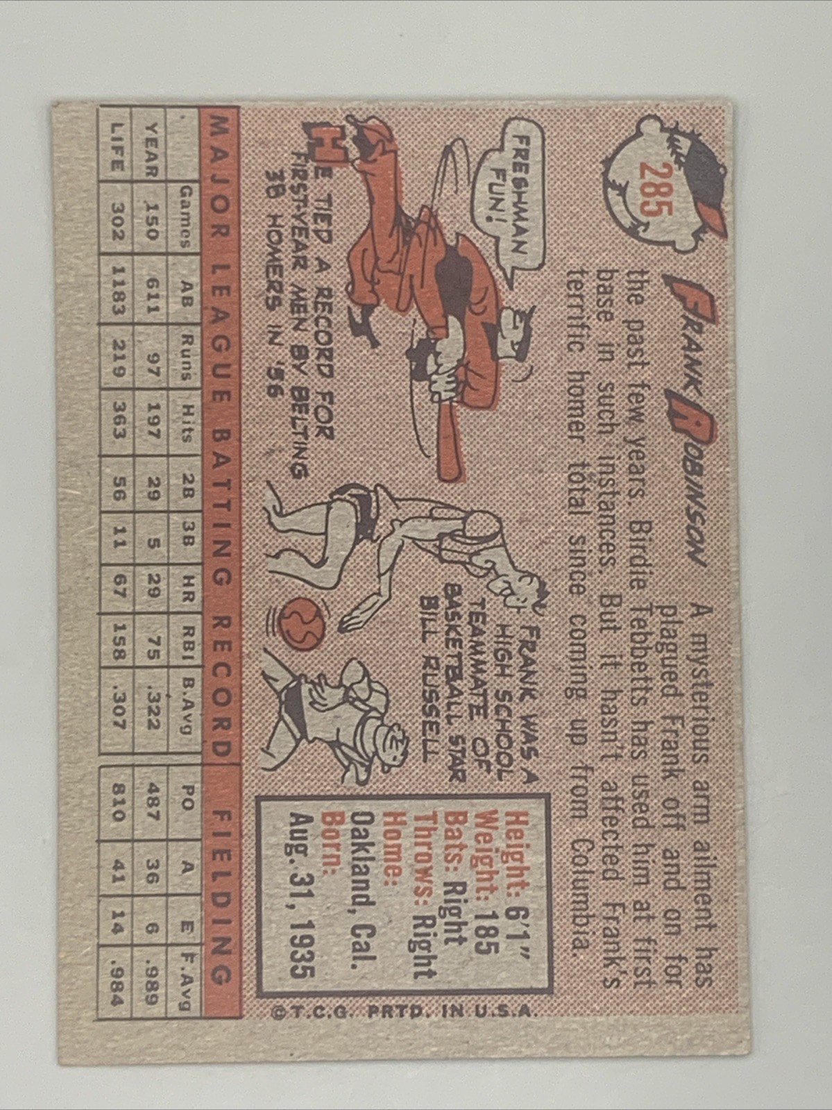 1958 Topps – Frank Robinson #285 Reds 2nd Year EX+ No Creases OC Free Shipping
