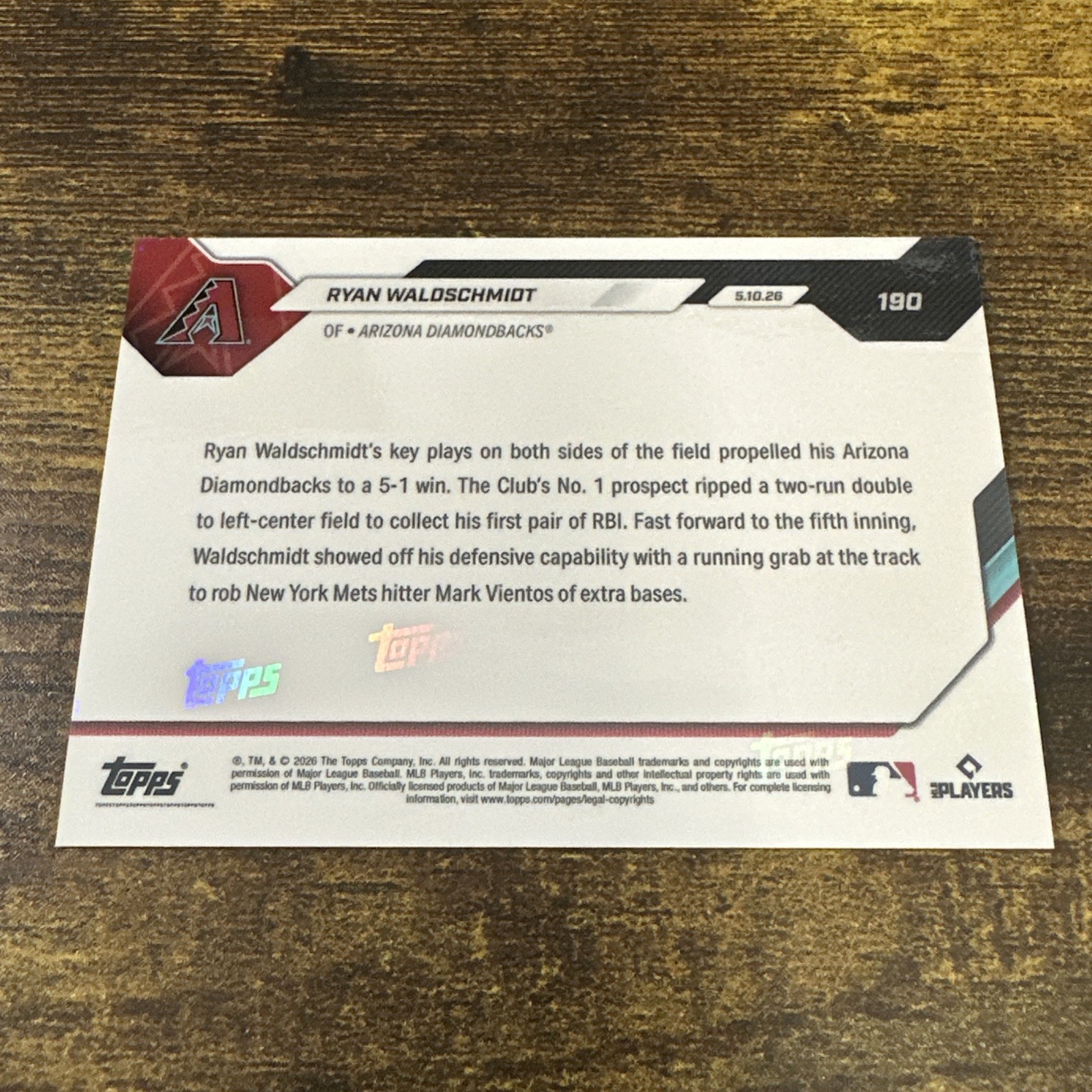 RYAN WALDSCHMIDT 2026 MLB Topps Now Rookie Prospect CALL UP #190 DIAMONDBACKS RC