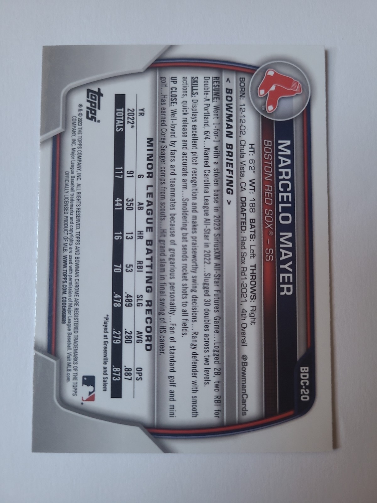 2023 Bowman Draft – Chrome Marcelo Mayer #BDC-20 (RC)