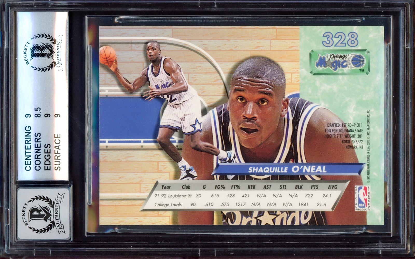 Shaquille O’Neal Auto 1992-93 Fleer Ultra RC 328 Magic BGS 9 Auto 10 Beckett