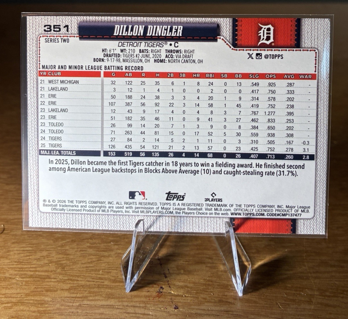 2026 Topps Series 2 Dillon Dingler #351 Diamante Foil Detroit Tigers