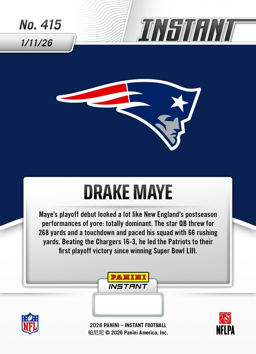 2025-26 Panini Instant NFL #415 Drake Maye New England Patriots – QTY