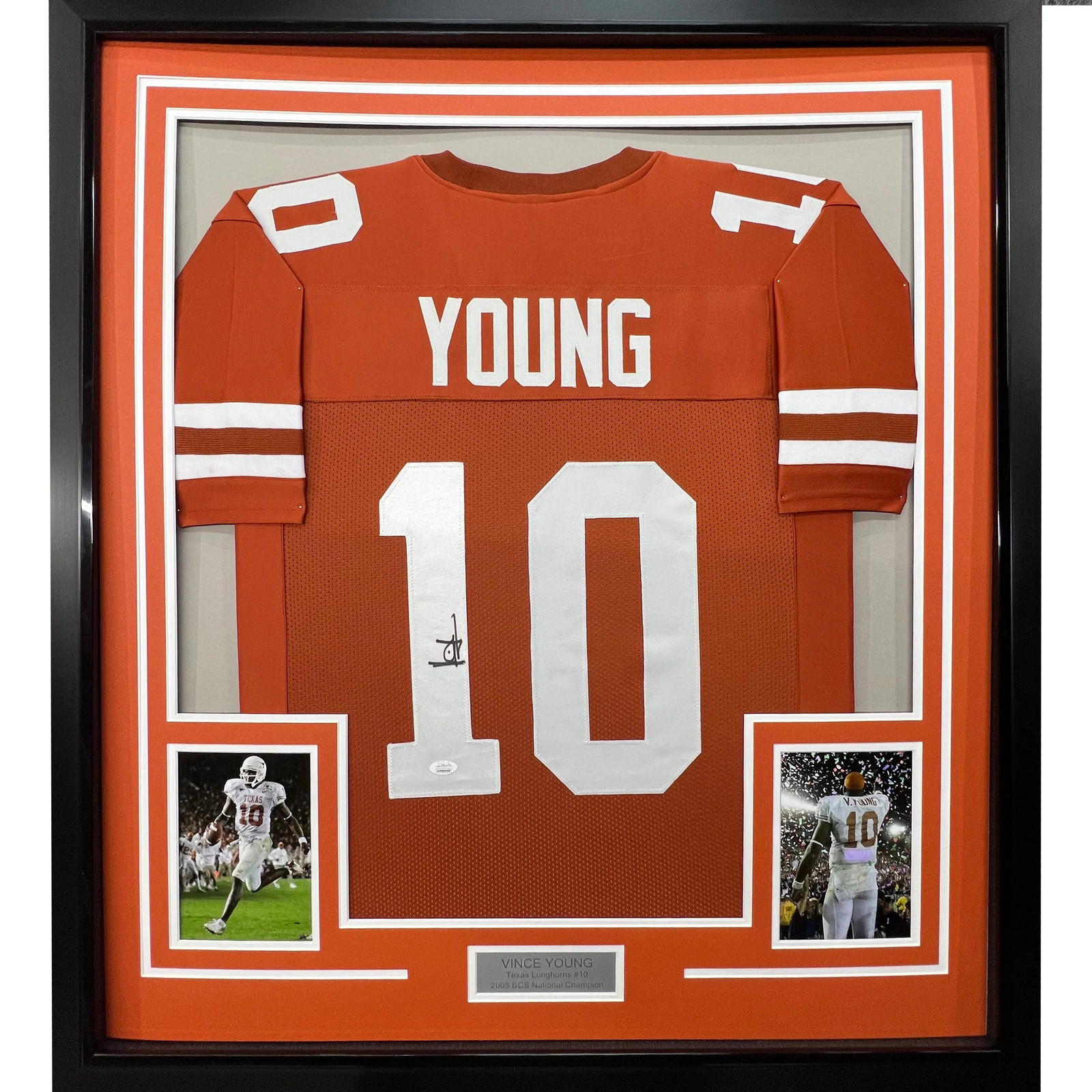 FRAMED Autographed/Signed VINCE YOUNG 33×42 Texas Orange College Jersey JSA COA