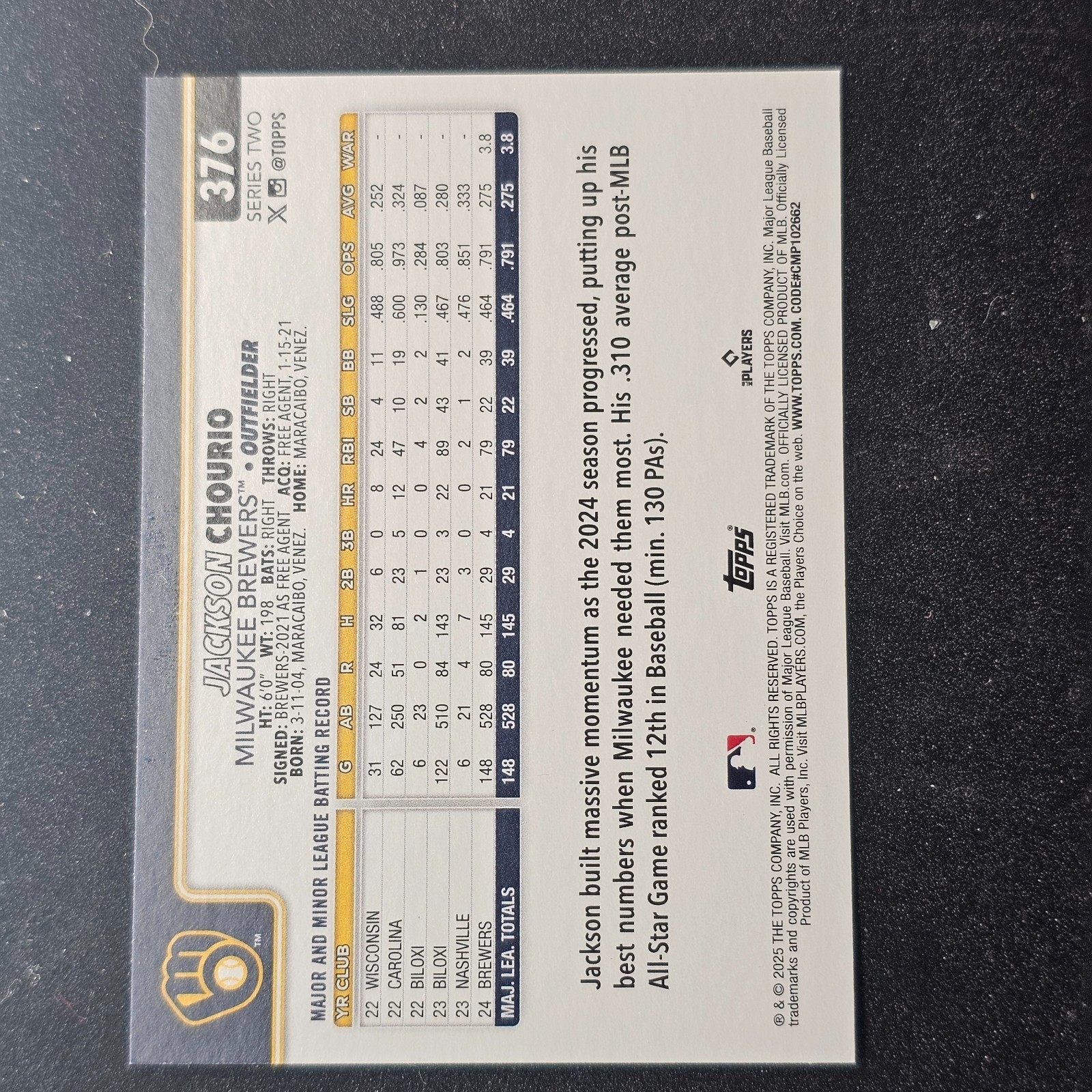 2025 Topps Series 2 – Jackson Chourio #376