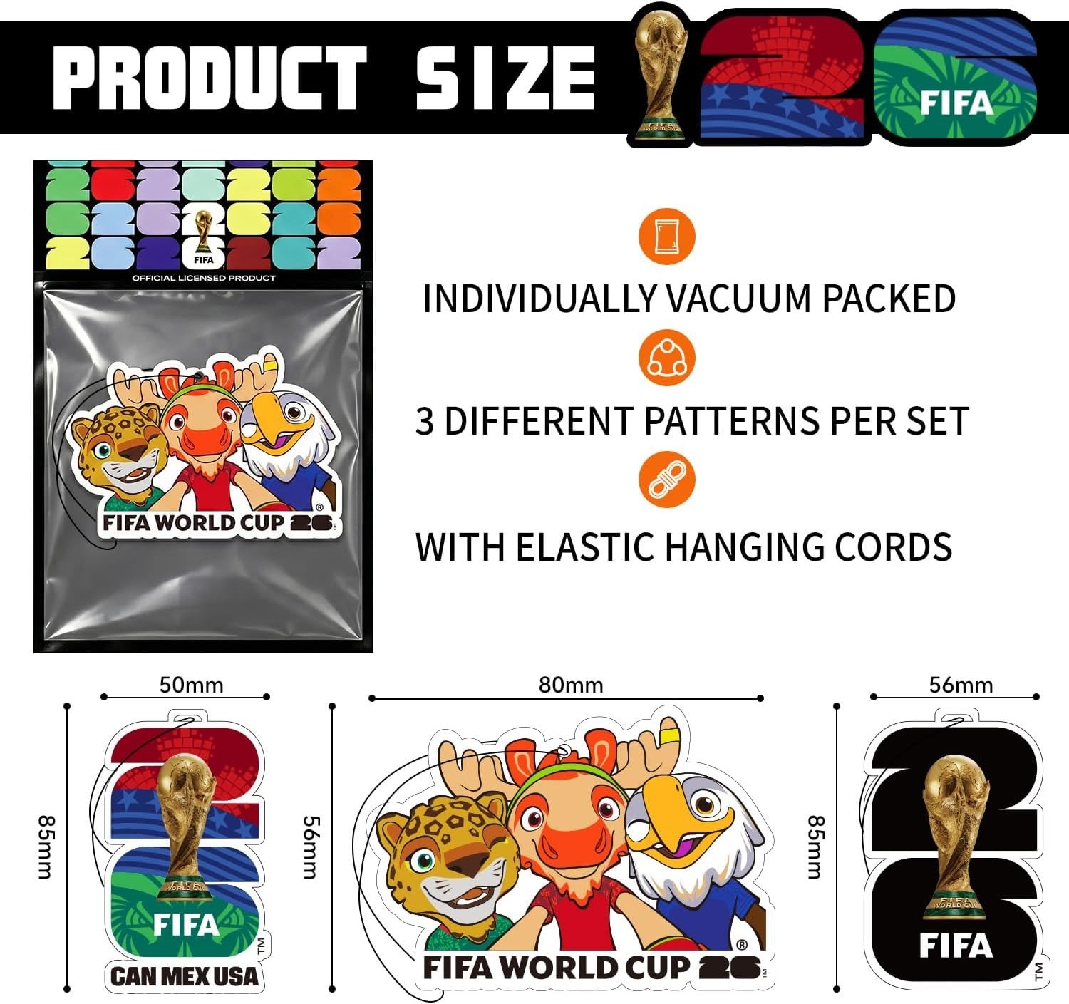 FIFA World Cup 2026 Official 3 Pack Car Air Freshener with Mascot Design.