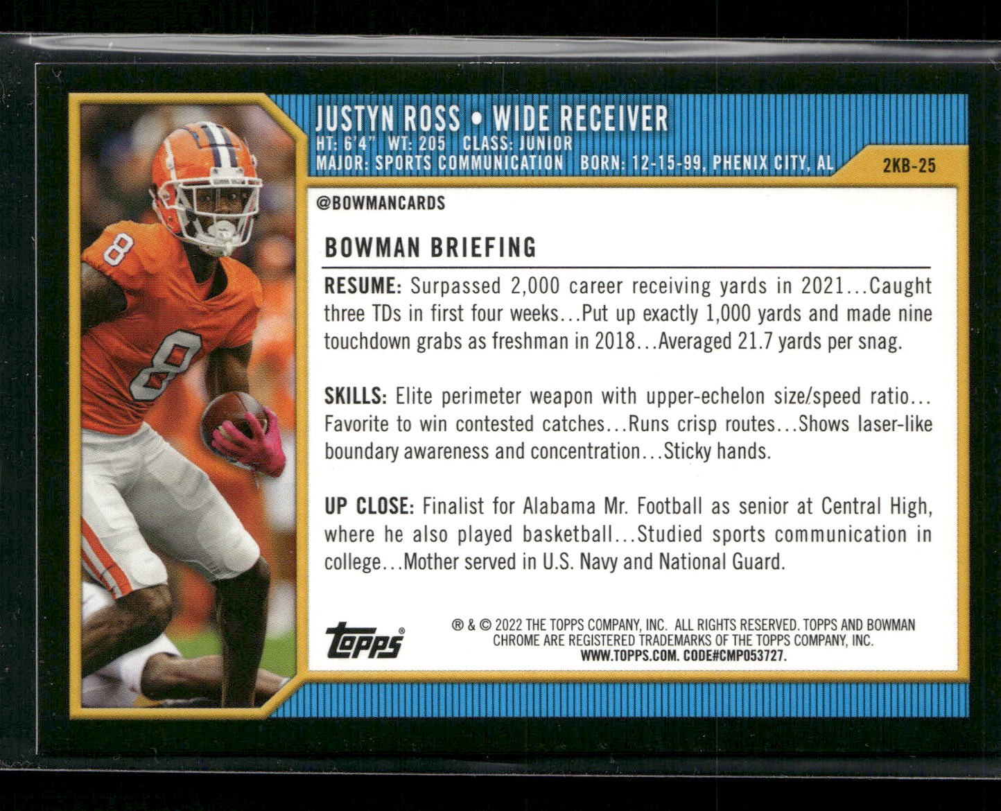 2021-22 Bowman University #2KB-25 Justyn Ross 2000 Bowman Aqua SN #/150