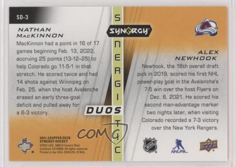 2021 Upper Deck Synergy Red 292/299 Nathan MacKinnon Alex Newhook #SD-3 RC 14sr