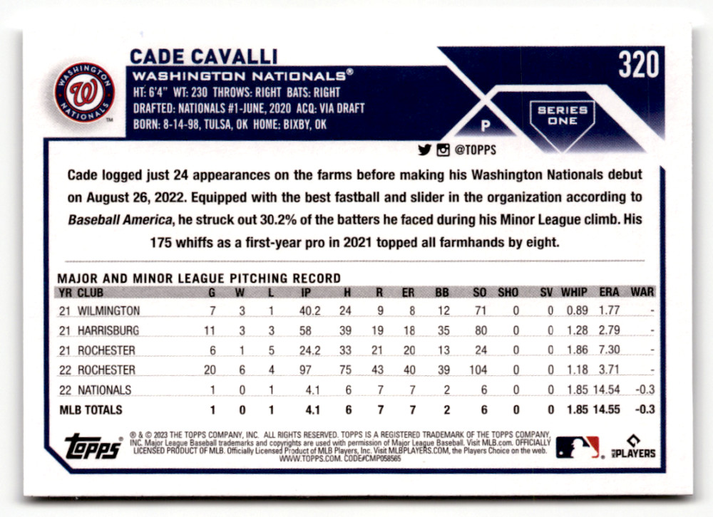 2023 Topps #320 Cade Cavalli NM-MT RC Rookie Nationals ID:49581