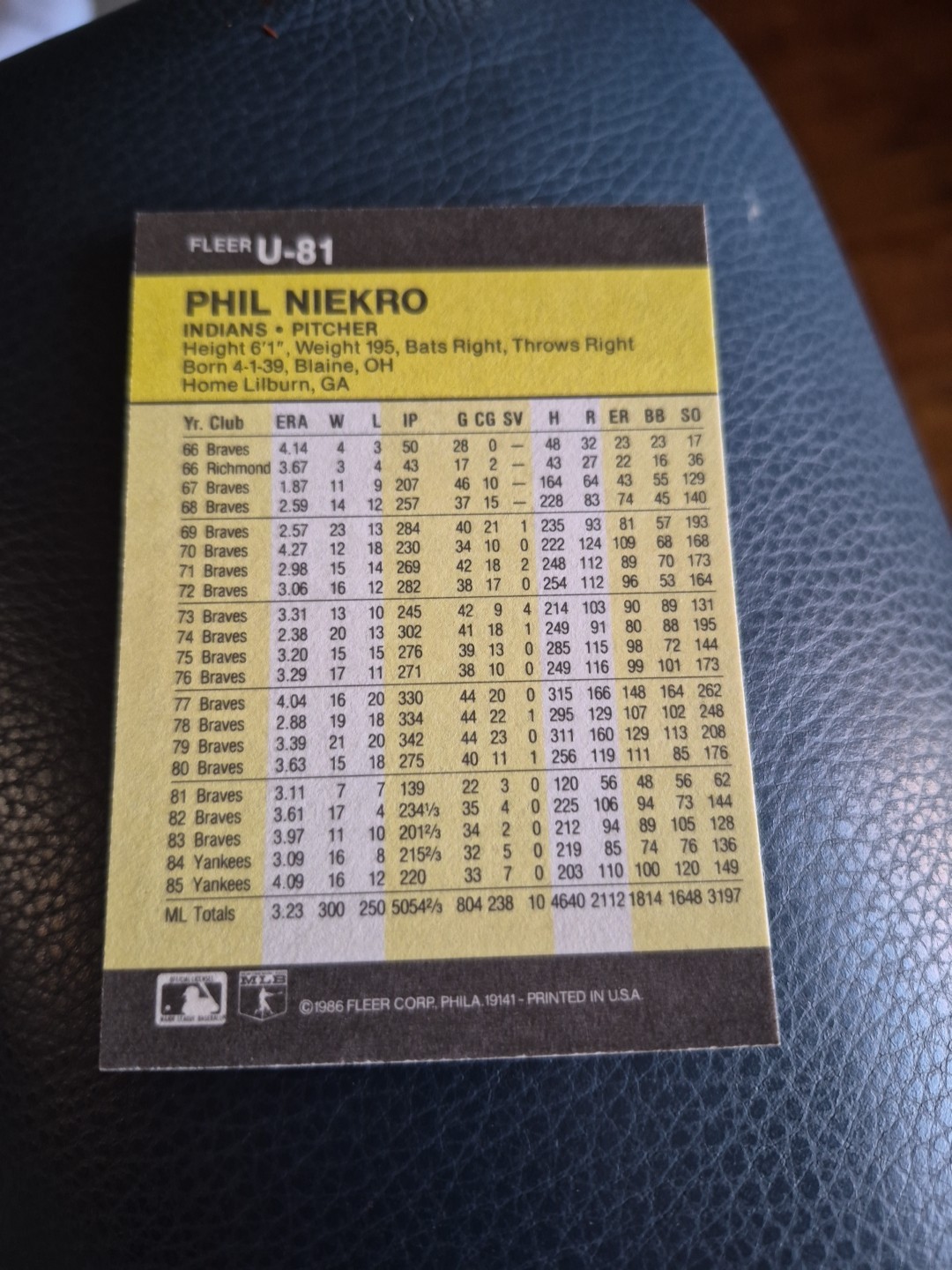 PHIL NIEKRO 1986 FLEER UPDATE #U-81 FREE SHIPPING