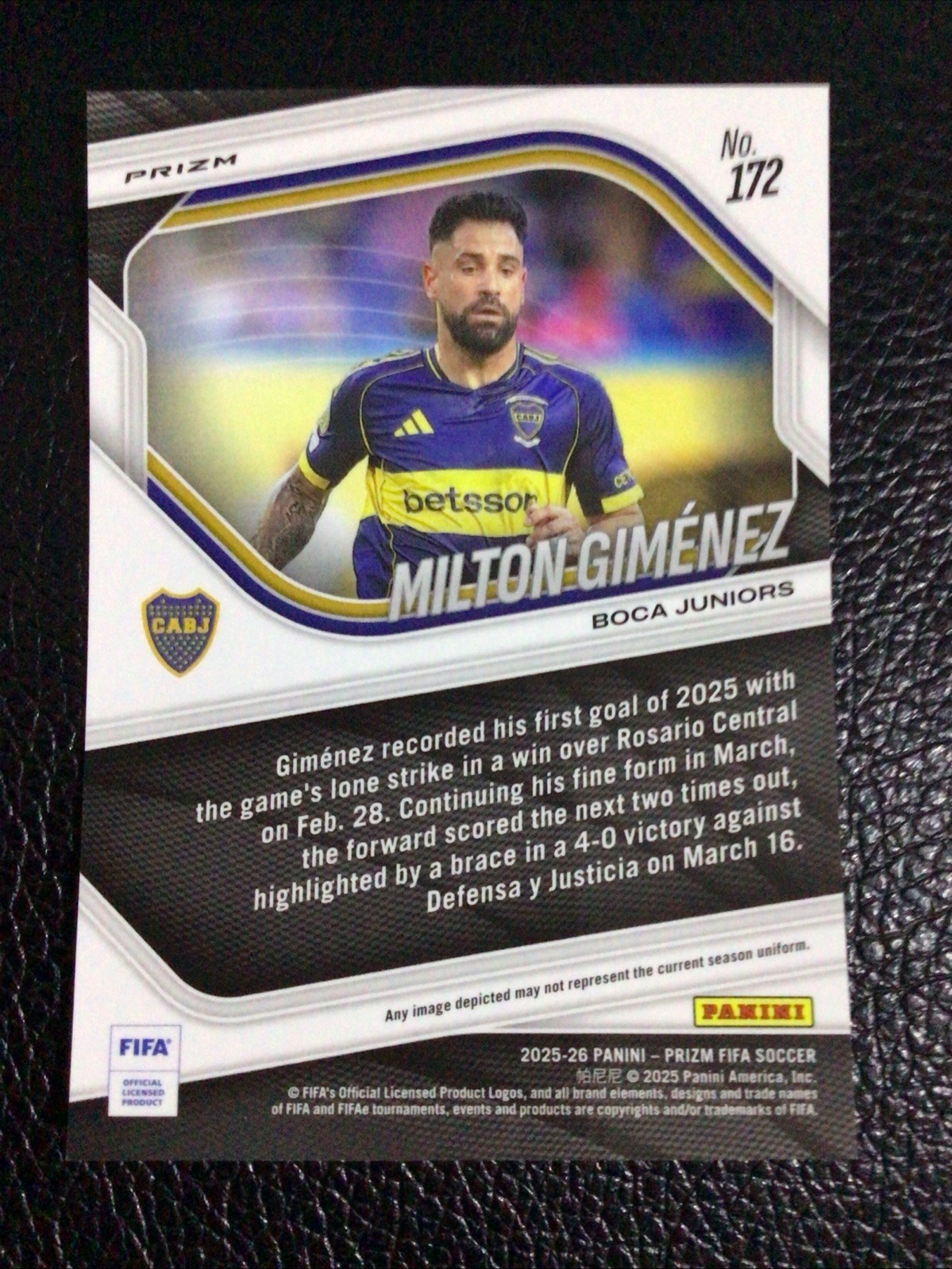 Panini 2025-26 Prizm FIFA Soccer Milton Giménez #172 Red Prizm SP RC Boca