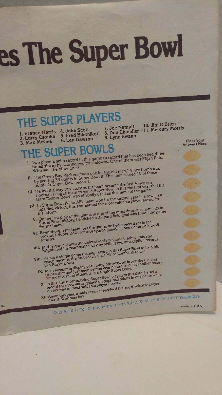 McDonalds NFL Superbowl Paper Placemat 10x14in vintage tray liner 1977