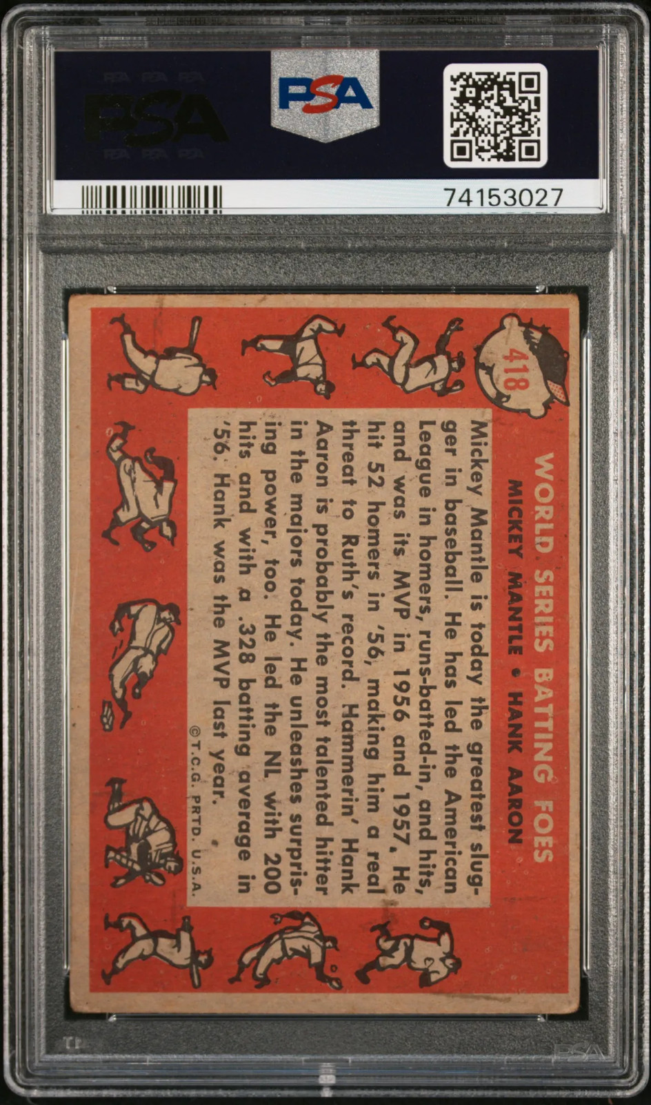 1958 Topps H. Aaron M. Mantle #418 W. S. Batting Foes PSA 3