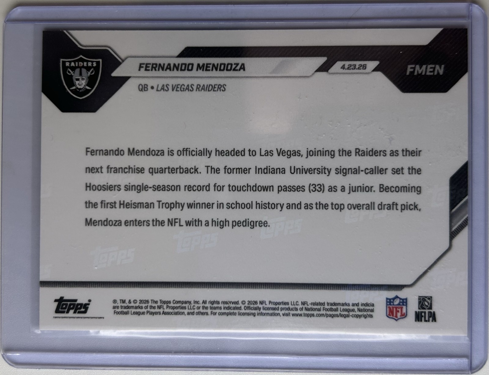 Fernando Mendoza 2026 NFL Topps Now #FMEN Raiders Draft Pick #1 RC PR: 126581