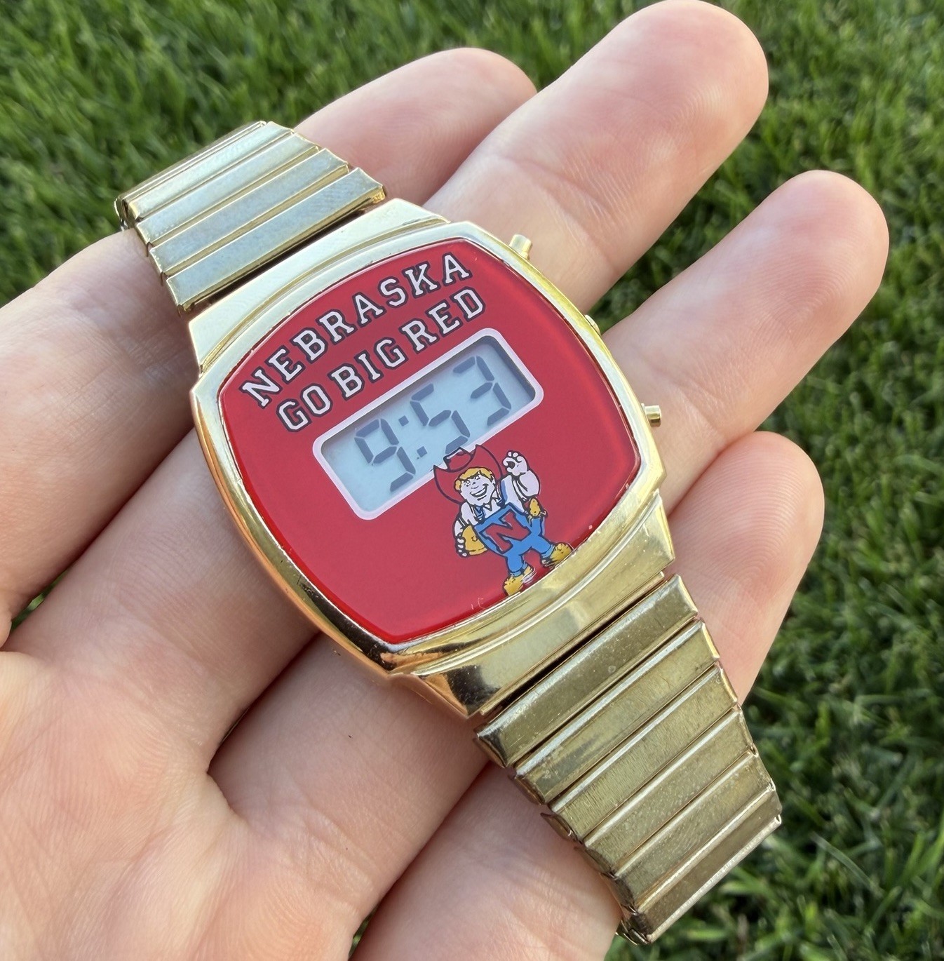 Vintage Nebraska Corn Huskers Gold Tone Digital Mens Watch Rare With Box