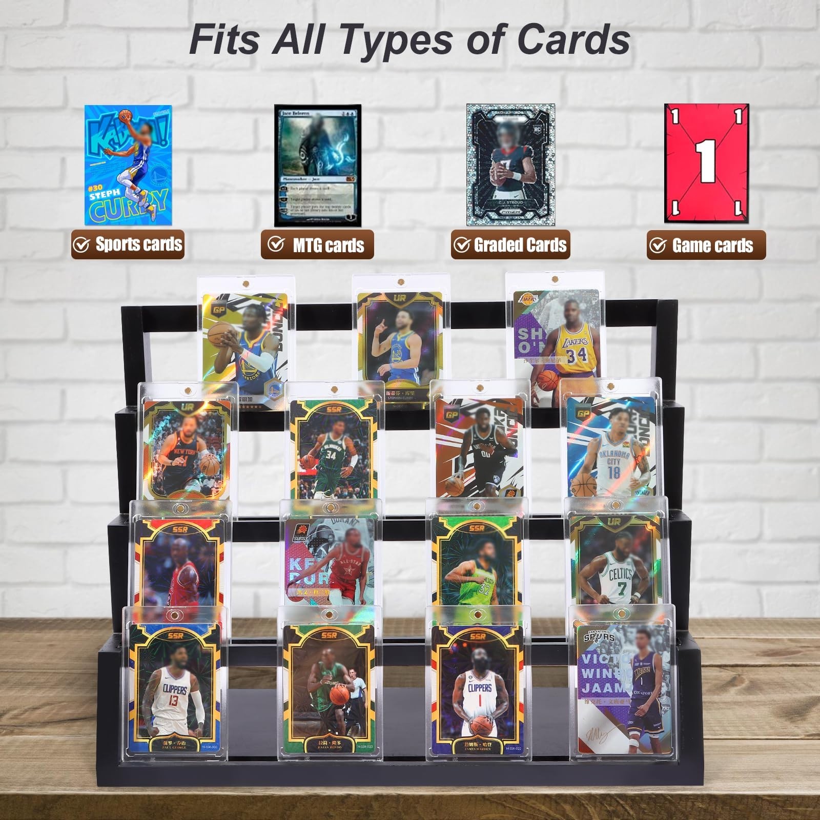 4-Tier Wooden Trading Card Display Case for Baseball & Football Collectibles, Sh