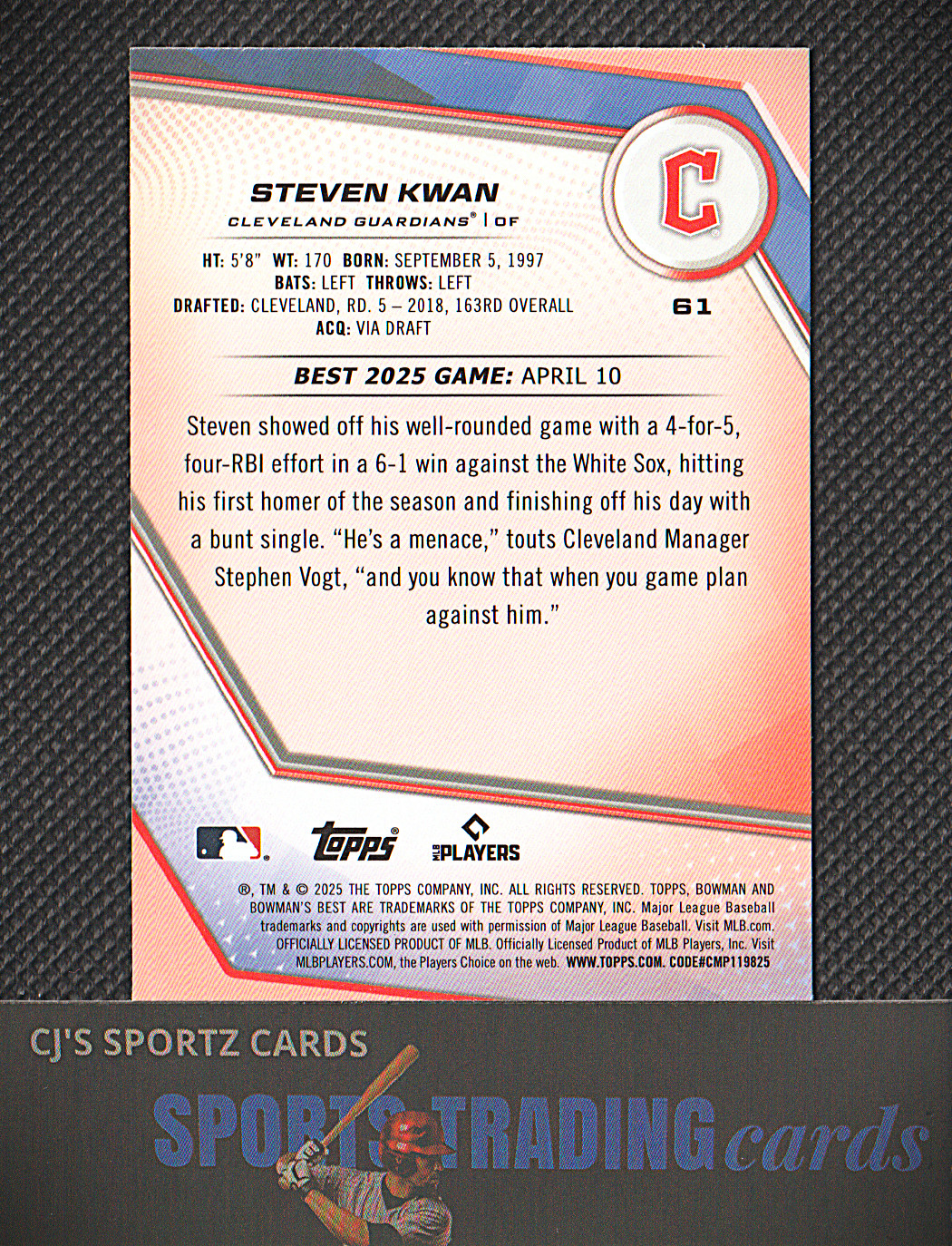 2025 Bowman’s Best Baseball Steven Kwan #61 Cleveland Guardians