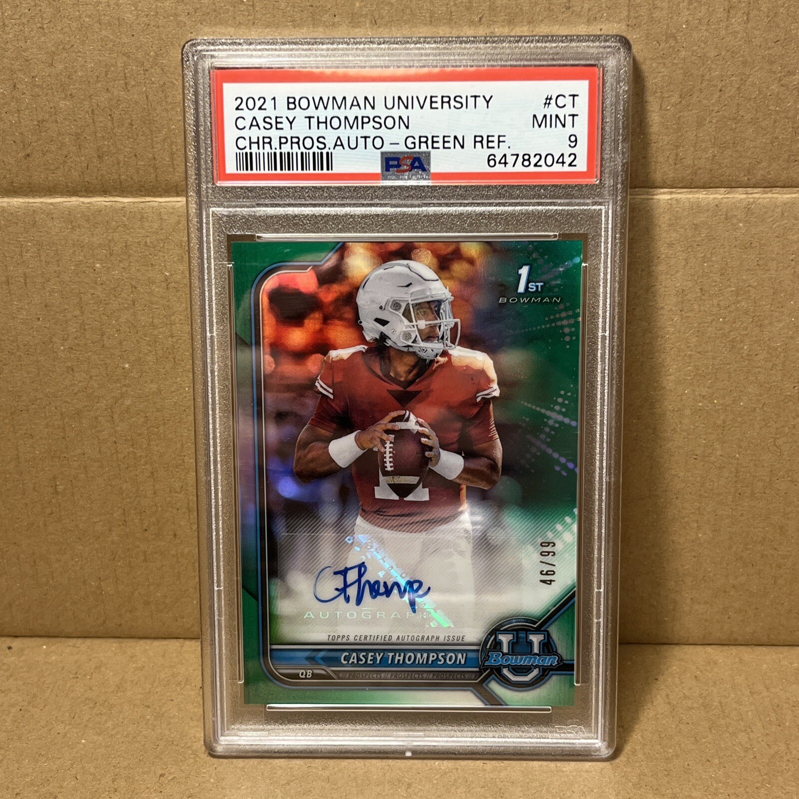 2021 Bowman University Casey Thompson Chrome Prospect Auto Green /99 PSA 9 Grade