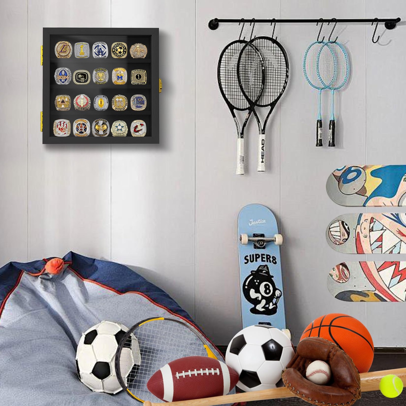 Championship Ring Display Case: Wooden Shadow Box with 20 Posts Black