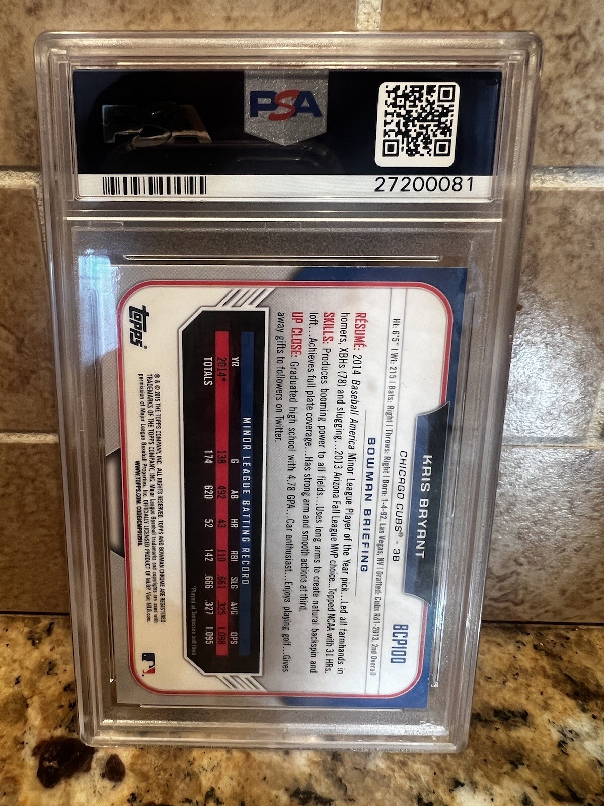 2015 Bowman Chrome Kris Bryan Black Refractor PSA 10