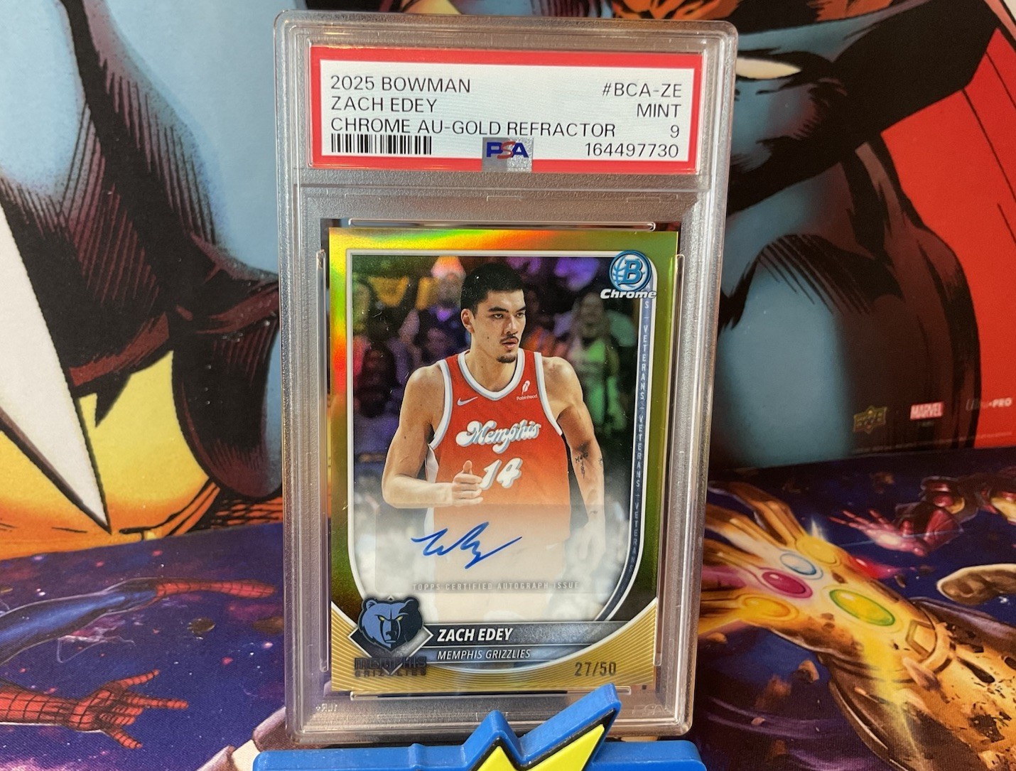 🔥2025 Bowman Chrome #BCA-ZE Autograph Gold Refractor 27/50 Zach Edey Psa9