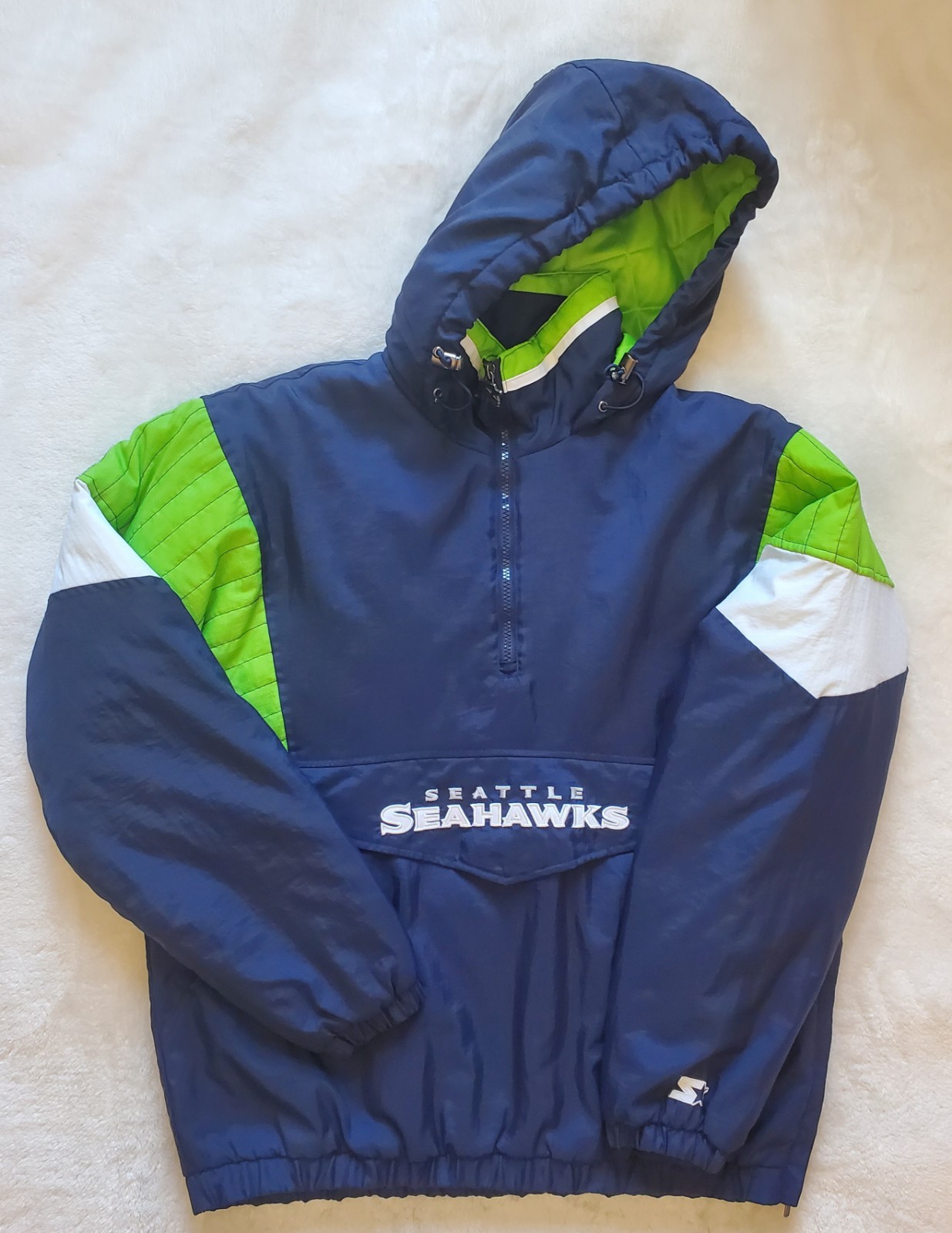 Seattle Seahawks Starter Jacket 1/2 Zip Parka 🦘 Pouch Quilt Line Sz Med 🏆🏆🏆