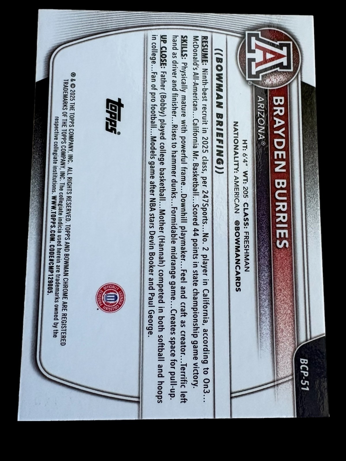 2025-26 Bowman Brayden Burries Navy Refractor /175 BCP-51 1st Bowman Arizona