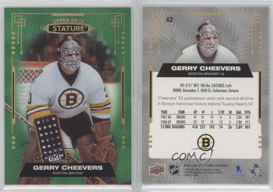 2021-22 Upper Deck Stature Green Photo Variant 66/66 Gerry Cheevers #42 HOF 1pc9