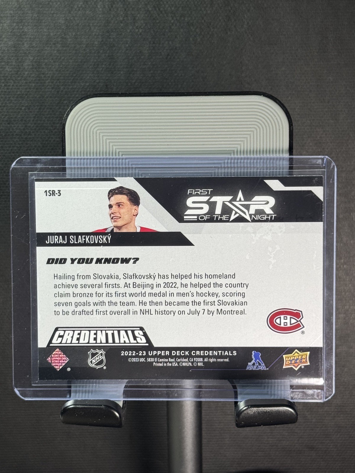 2022-23 UD Credentials – Juraj Slafkovsky First Star of The Night #1SR-3 (RC)