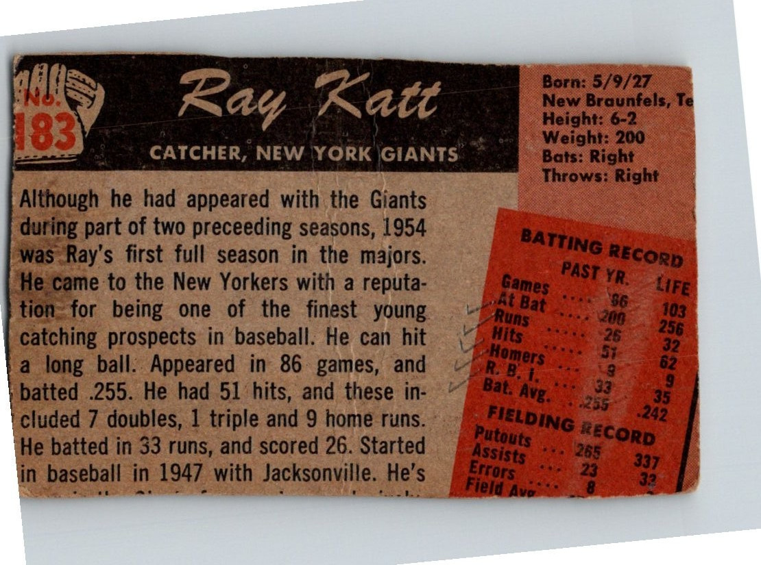 1955 Bowman Trimmed #183 Ray Katt New York Giants Free Shipping!