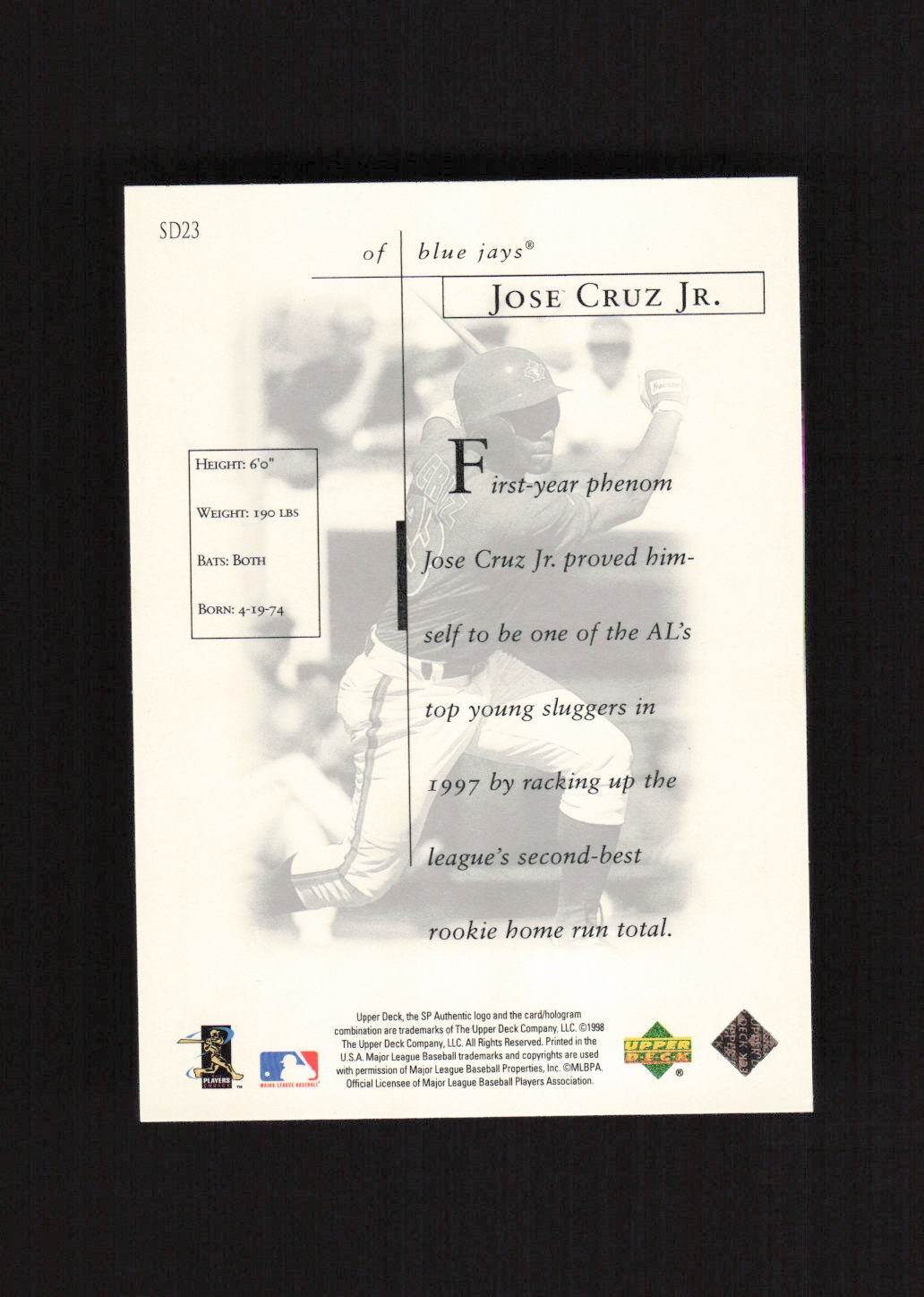 1998 SP Authentic Sheer Dominance Silver #SD23 Jose Cruz Jr. Toronto Blue Jays