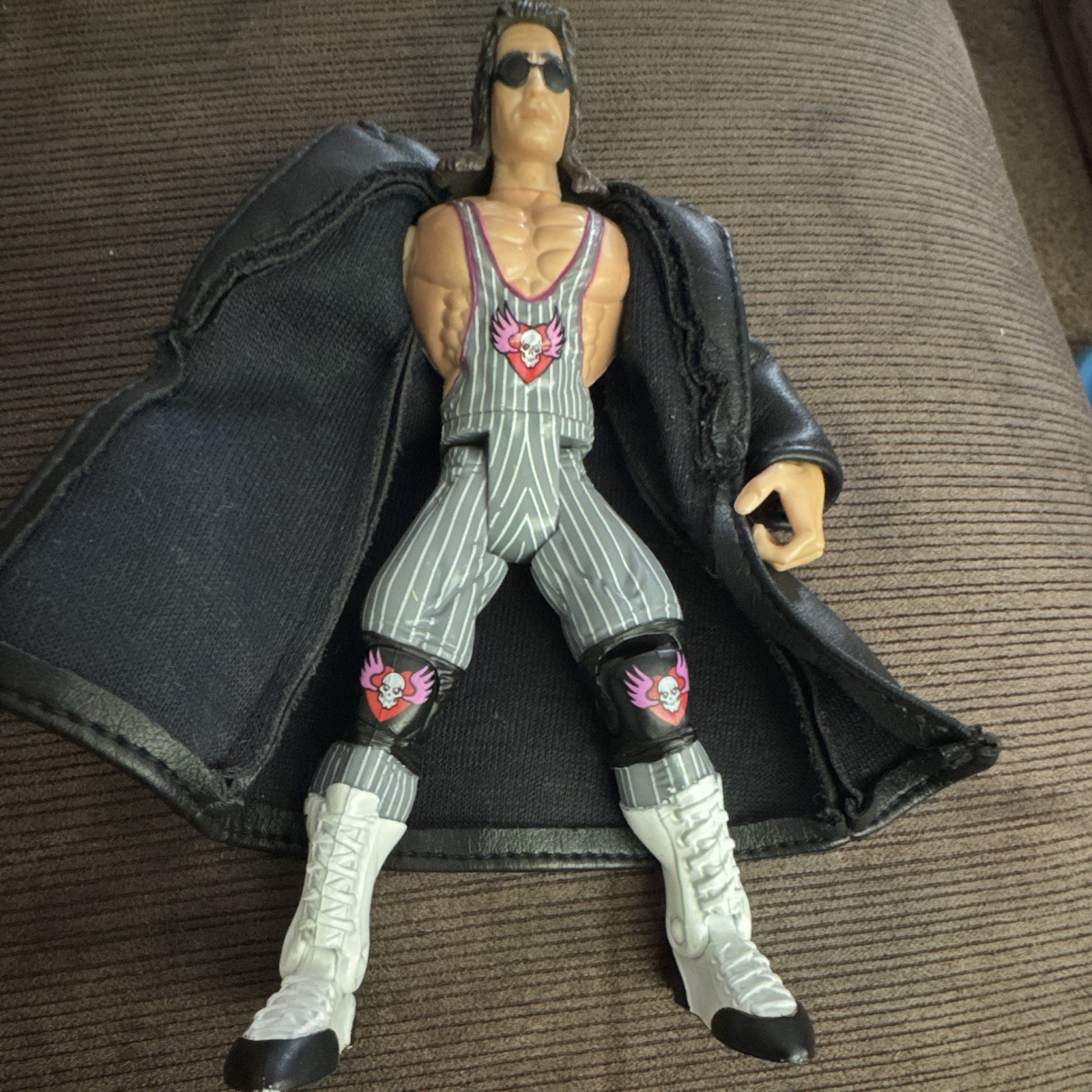 WCW Wrestling Action Figure w/ Black Coat, Gray Striped Singlet & Sunglasses