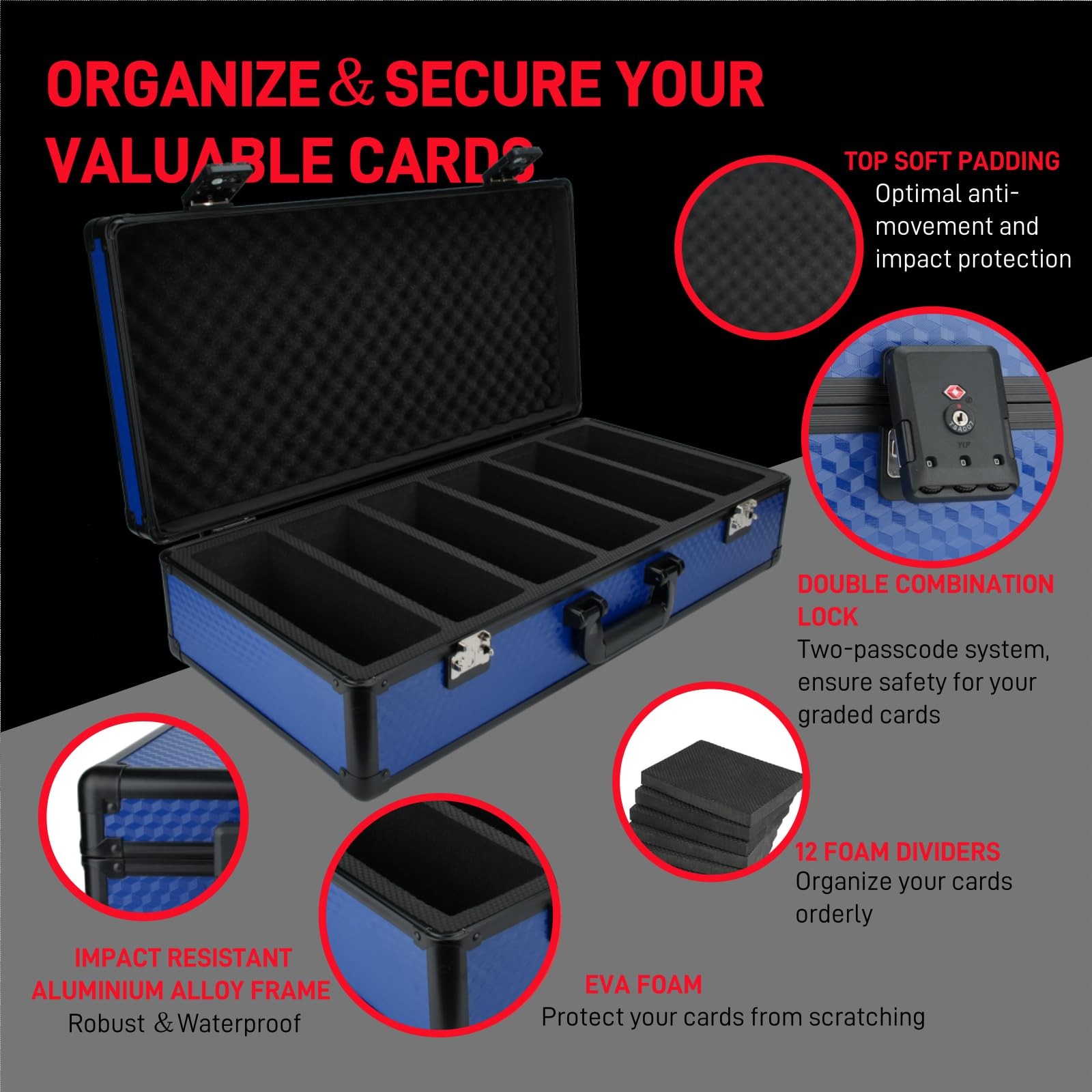 6 Row 250+ TSA Combination Lock Trading Deck Cases Graded Card Case Psa Grade…