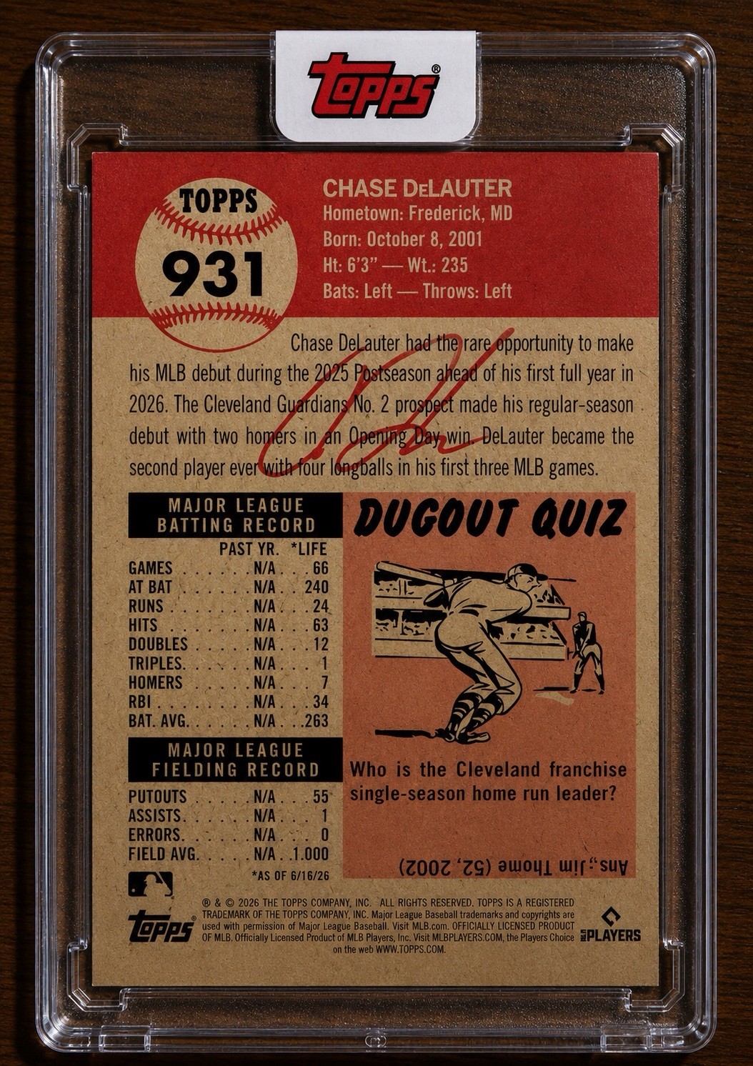 Chase DeLauter 2026 Topps Baseball MLB Living Set #931 (RC) ENCASED – Presale