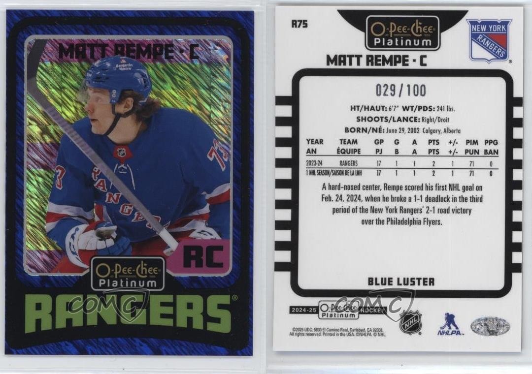 2024 O-Pee-Chee Platinum Retro Rookies Blue Luster /100 Matt Rempe Rookie RC g0y