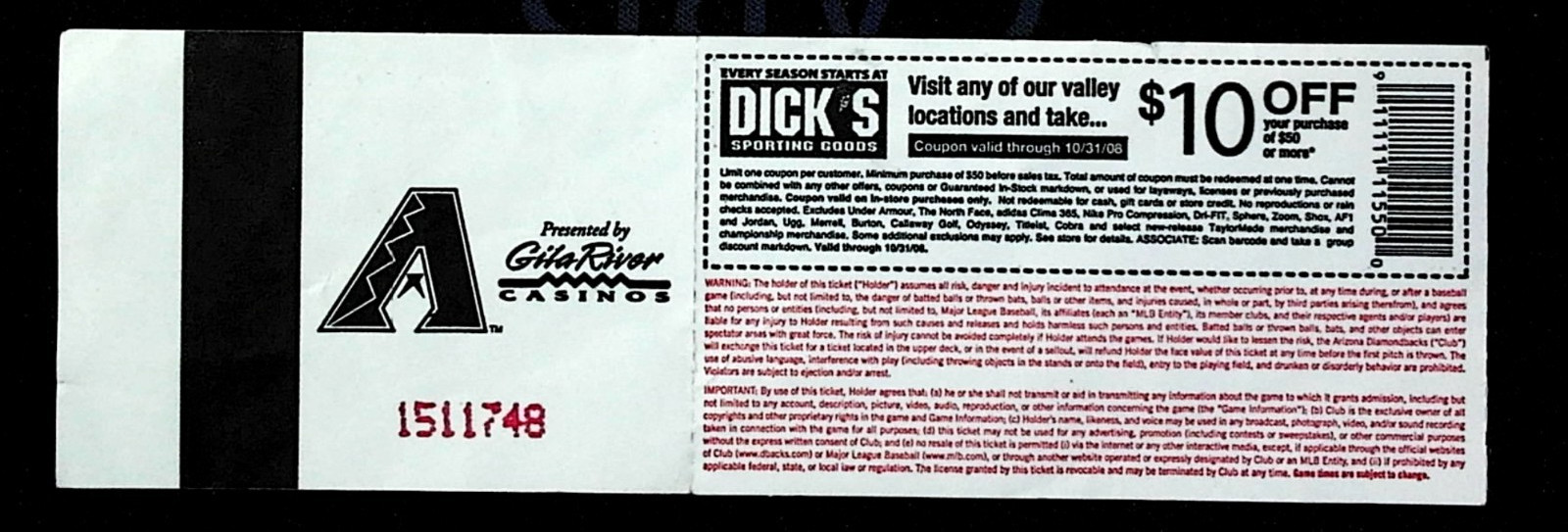 Arizona Diamondbacks vs San Francisco Giants Ticket Stub Webb Win 9/17/2008