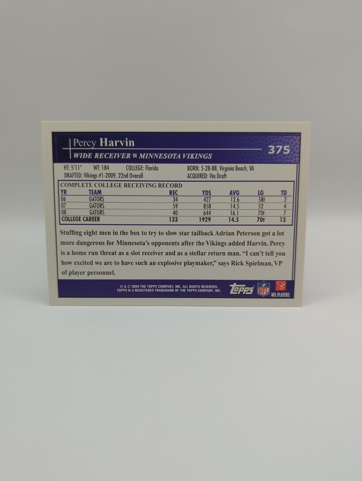 2009 Topps – Percy Harvin #375 Catching (RC)